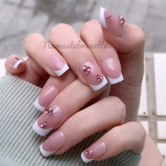 Pink Rhinestone French Manicure Press On Nails - Picture 2 of 13